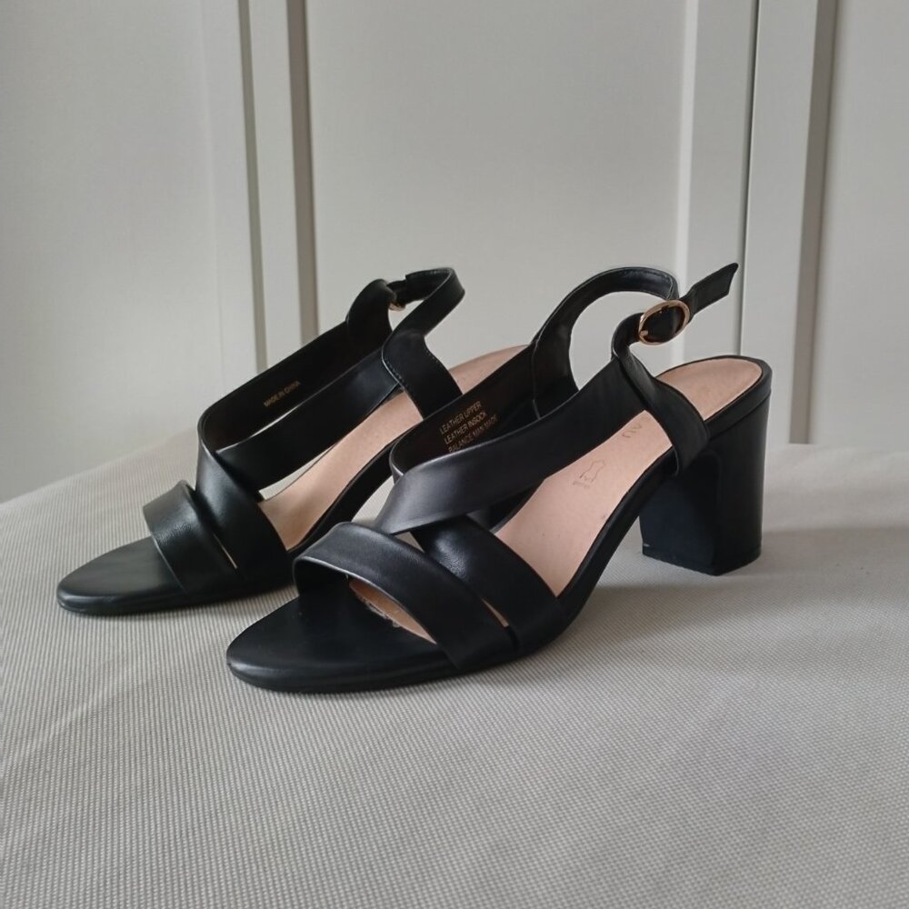 Black Genuine Leather Chunky Heel Sandals